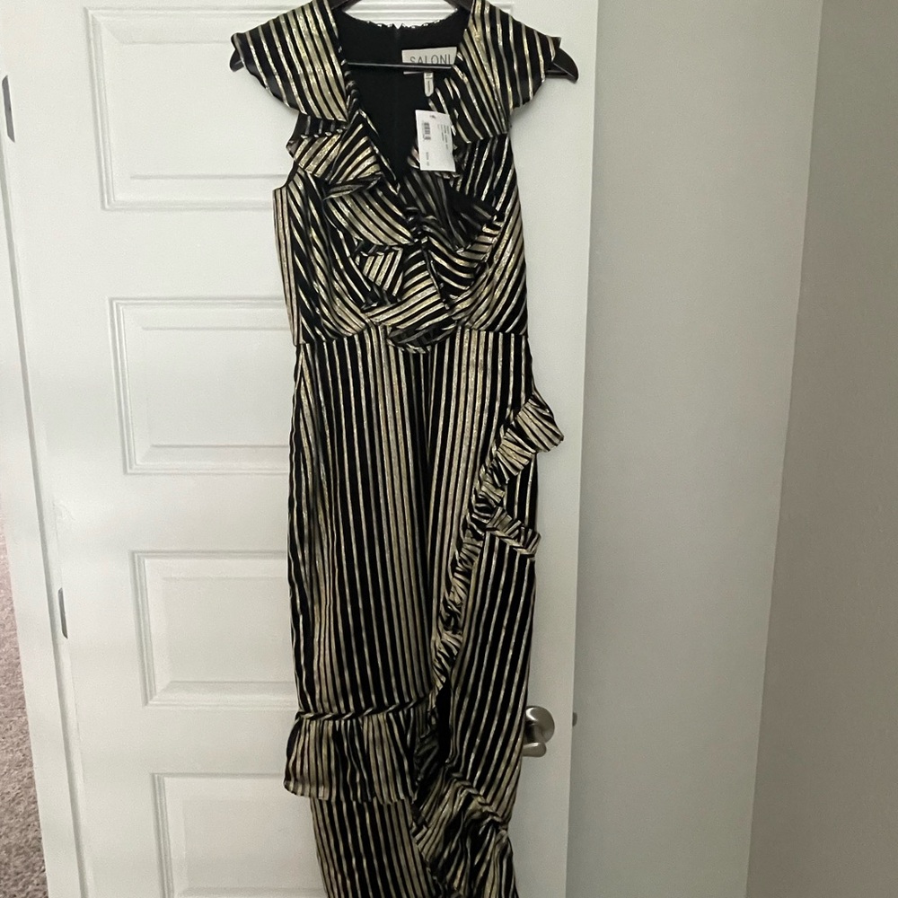 SALONI Black and Gold Asymmetrical Dress